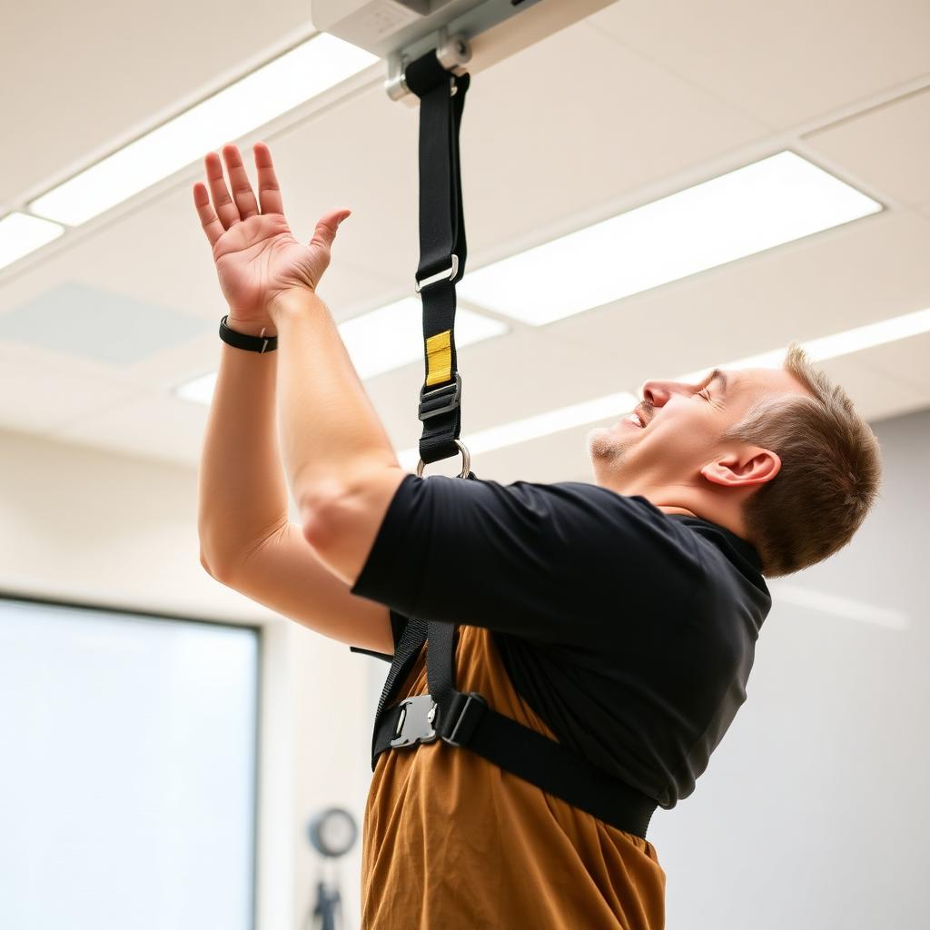 Patient secured in the Safety Overhead System harness performing a balance exercise confidently